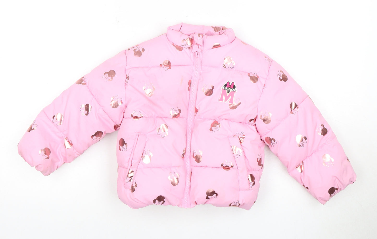 Disney Girls Pink Puffer Jacket Mickey Mouse Print 3-4Y