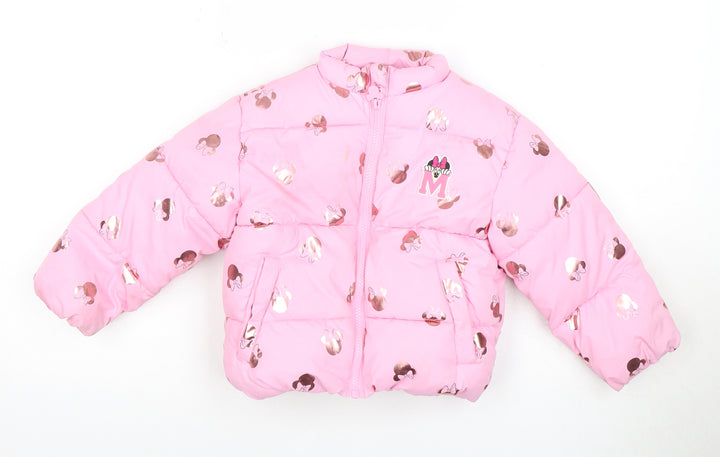 Disney Girls Pink Puffer Jacket Mickey Mouse Print 3-4Y