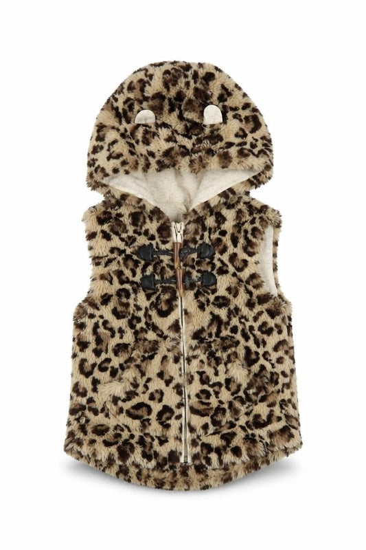 Front view of Next girls’ brown animal print sleeveless hoodie vest, 2-3 years