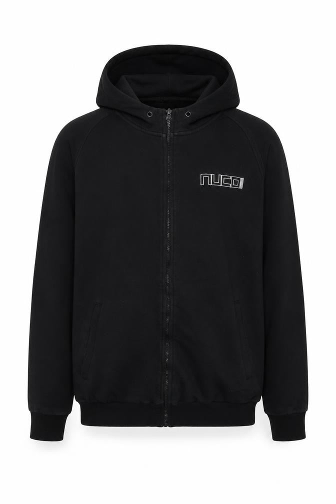 Front view of NUCO Men's Black XL Full Zip Hoodie with Logo
