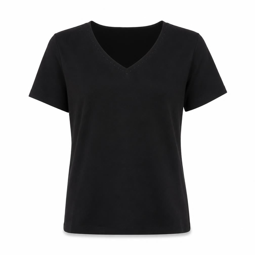 Front view of Country Casuals Women's Black V-Neck Short Sleeve Basic T-Shirt -, size S