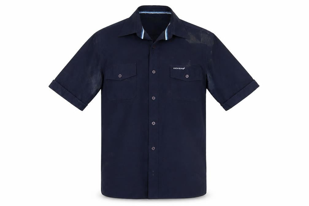 Front view of Kickers Men's Blue Short Sleeve Button-Up Shirt S