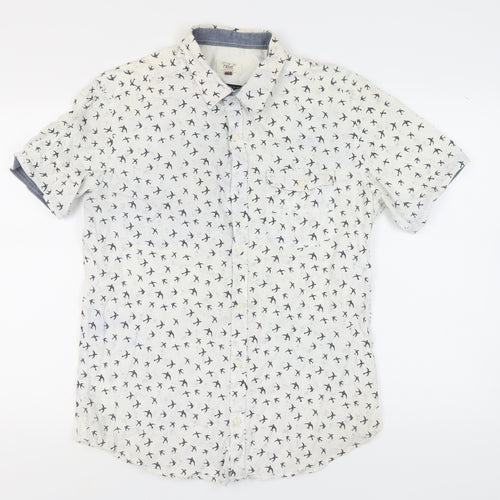 Next Men's White Bird Print Shirt, L Size, Short Sleeve