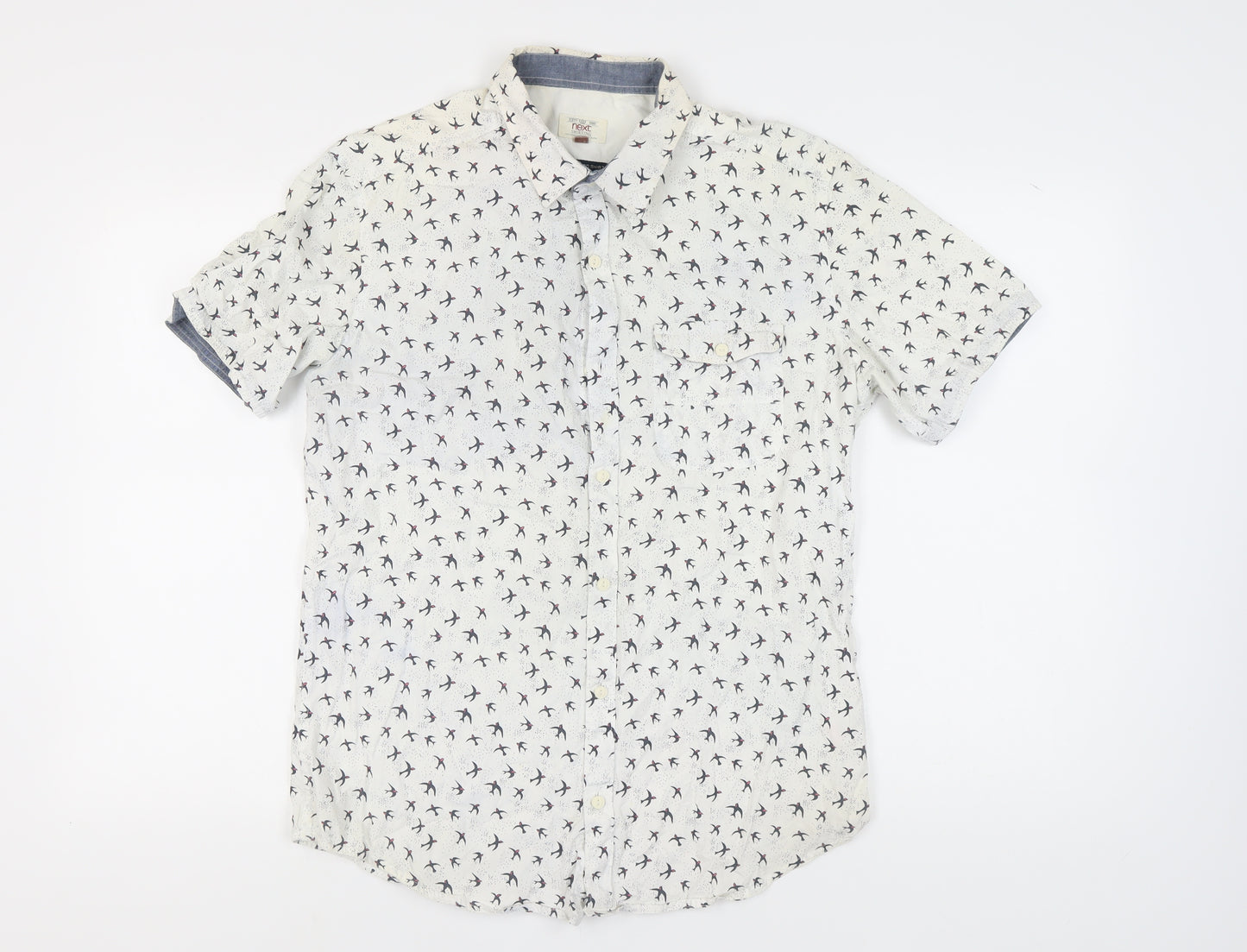 Next Men's White Bird Print Shirt, L Size, Short Sleeve
