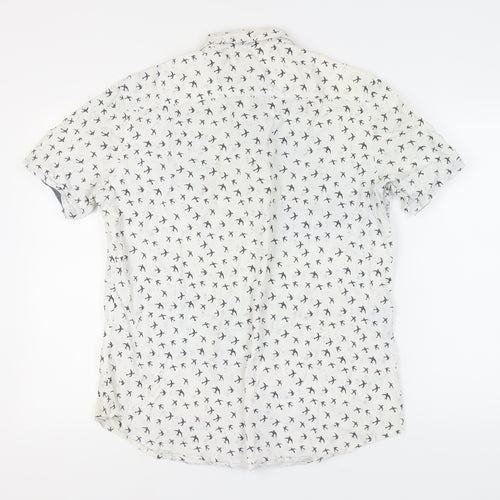 Next Men's White Bird Print Shirt, L Size, Short Sleeve