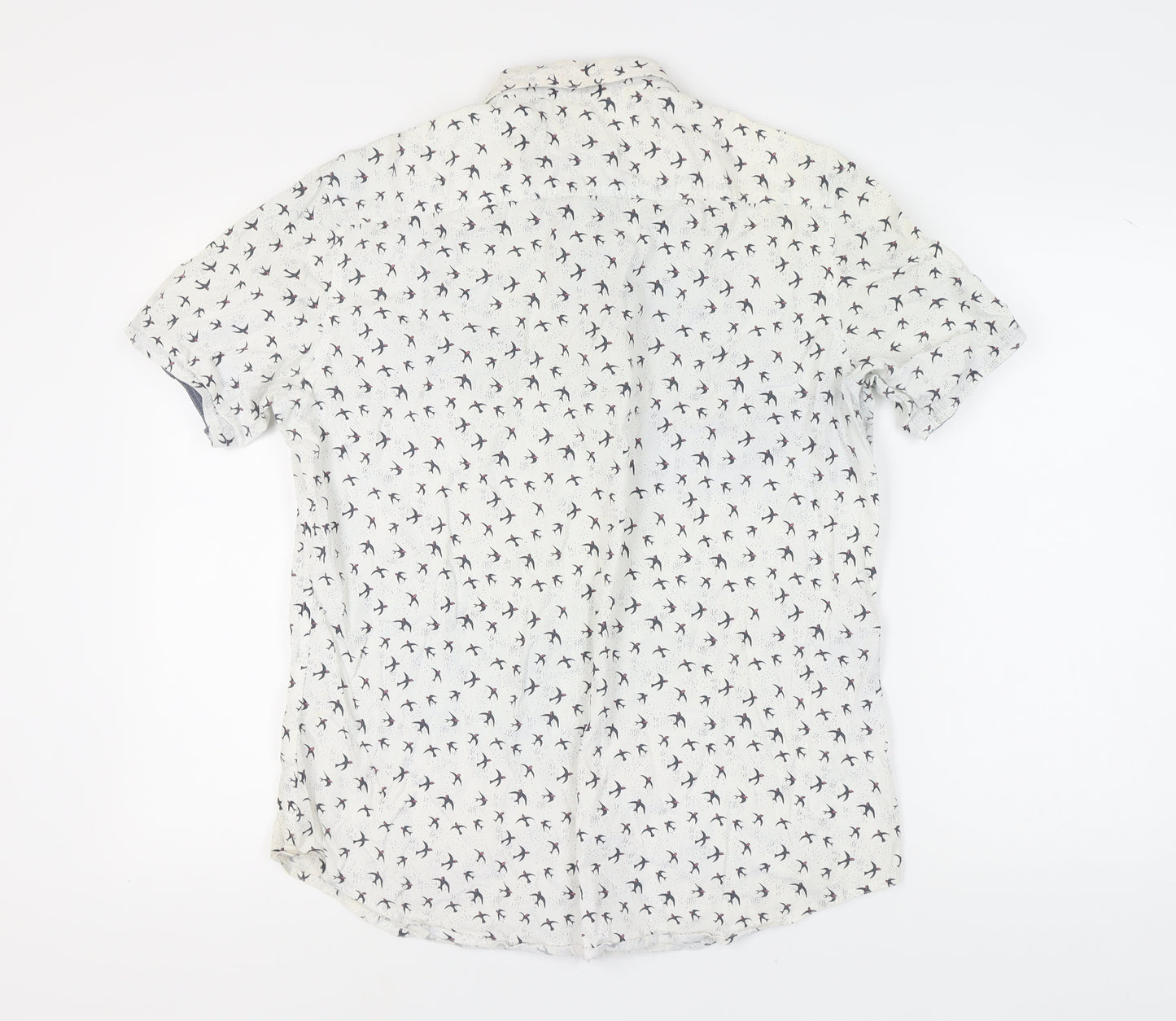 Next Men's White Bird Print Shirt, L Size, Short Sleeve