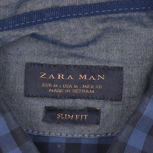 Zara Men's Blue Slim Fit Check Shirt - Medium