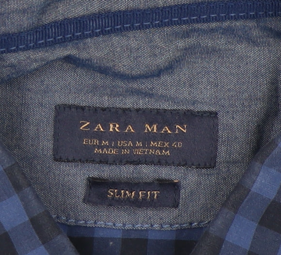 Zara Men's Blue Slim Fit Check Shirt - Medium