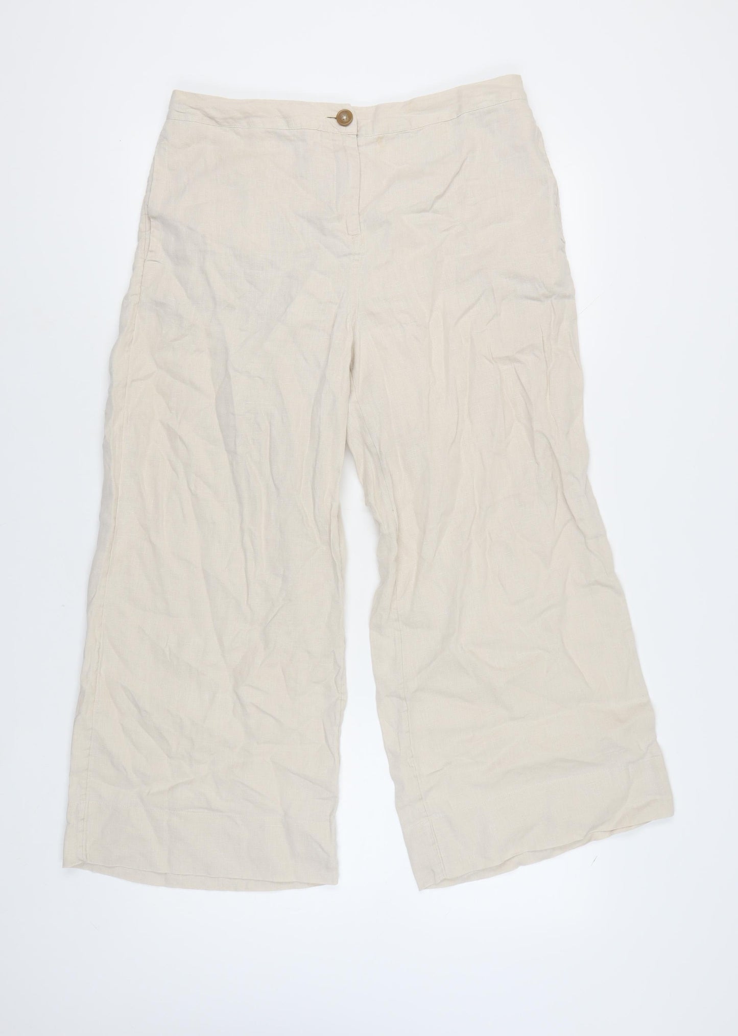 Joules Women's Beige Linen Wide-Leg Trousers Size 14