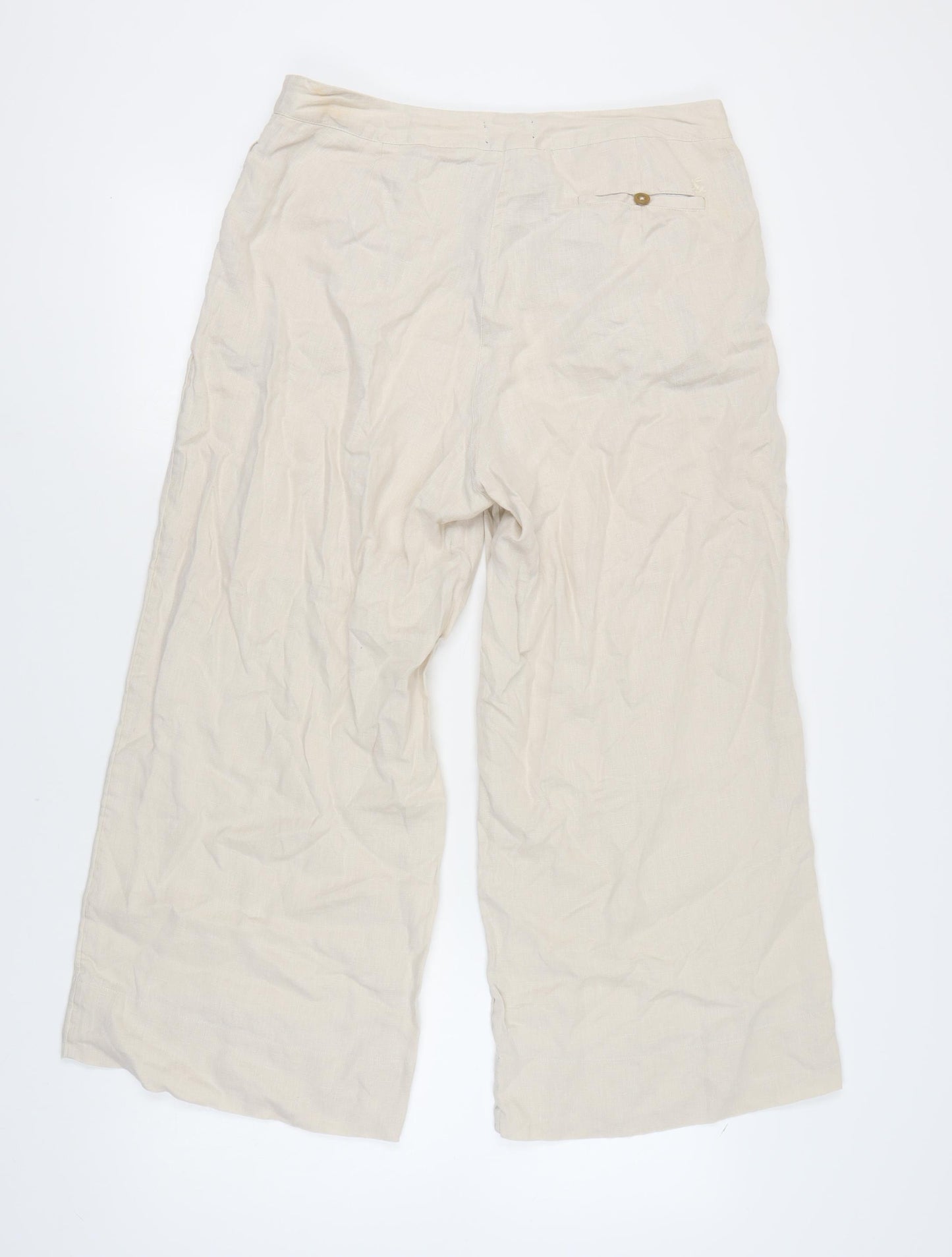 Joules Women's Beige Linen Wide-Leg Trousers Size 14