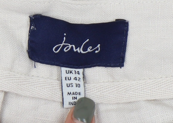 Joules Women's Beige Linen Wide-Leg Trousers Size 14