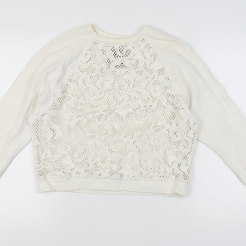 Pull&Bear Women's Ivory Cotton Pullover Crochet Sweatshirt