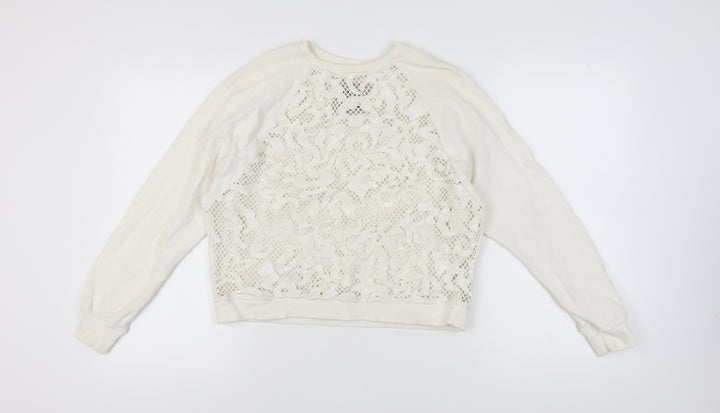 Pull&Bear Women's Ivory Cotton Pullover Crochet Sweatshirt