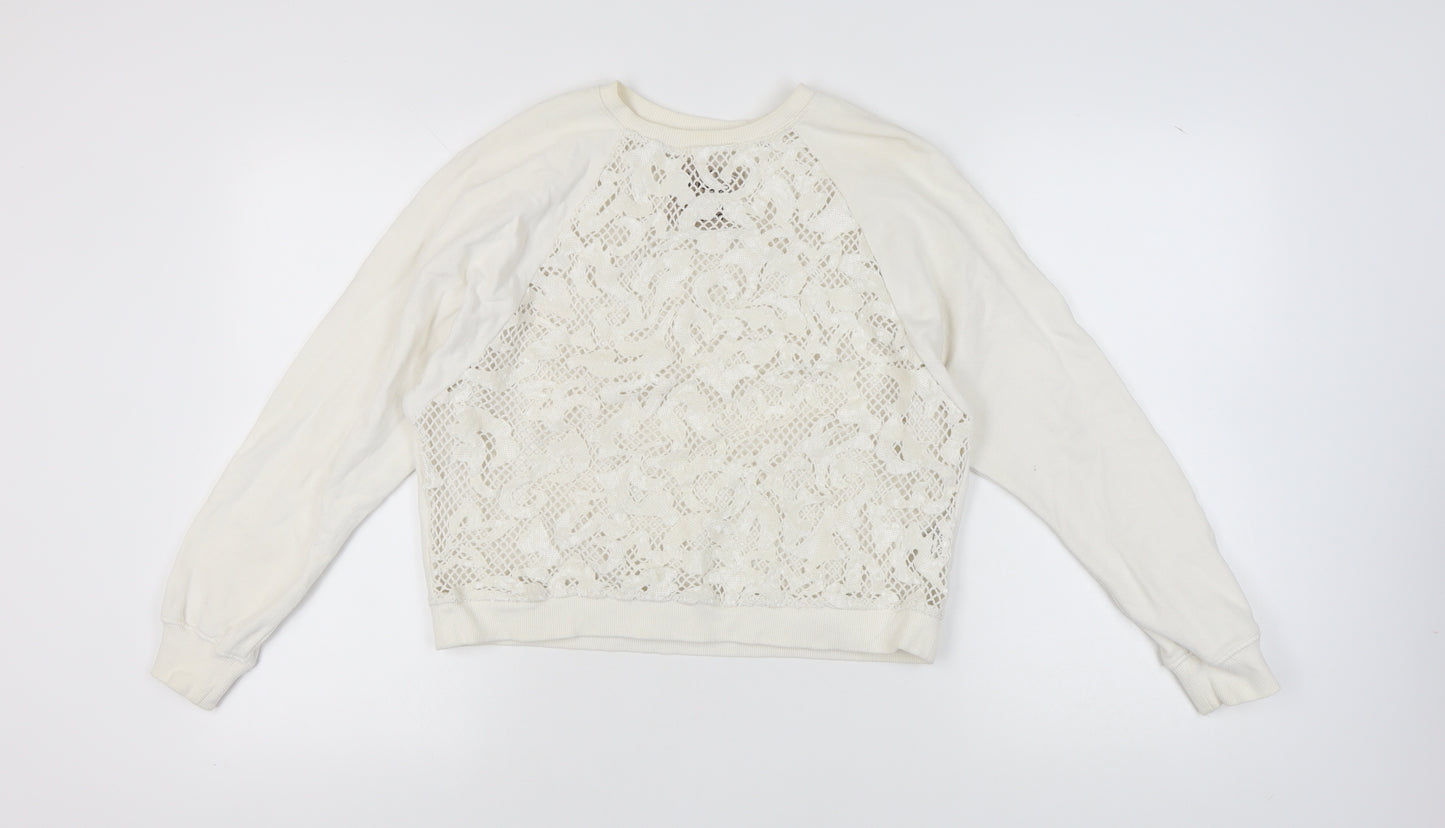 Pull&Bear Women's Ivory Cotton Pullover Crochet Sweatshirt