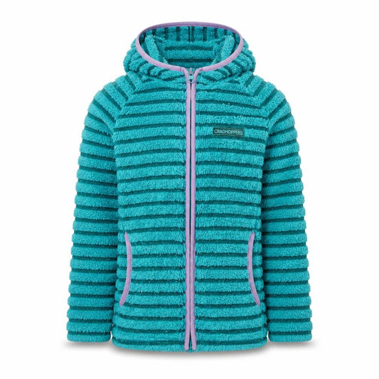 Front view of Craghoppers girls’ green striped fleece jacket 7-8 years