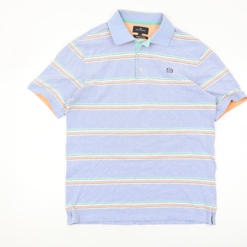 Marks and Spencer Men's Blue Striped Polo, M, Regular Fit