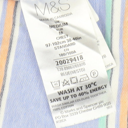 Marks and Spencer Men's Blue Striped Polo, M, Regular Fit