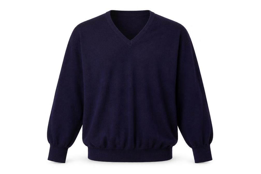 Front view of Balmoral Men’s Blue Wool V-Neck jumper, size L