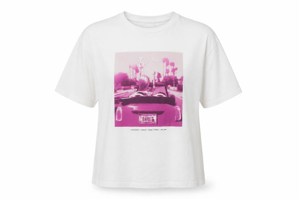 Front view of Stradivarius Women's White Barbie Graphic T-Shirt, size 6