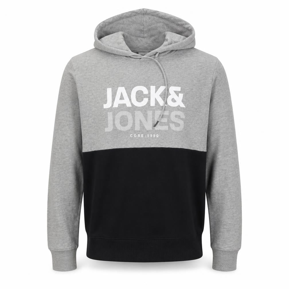 Front view of Jack & Jones Men's Grey and Black Pullover Hoodie S