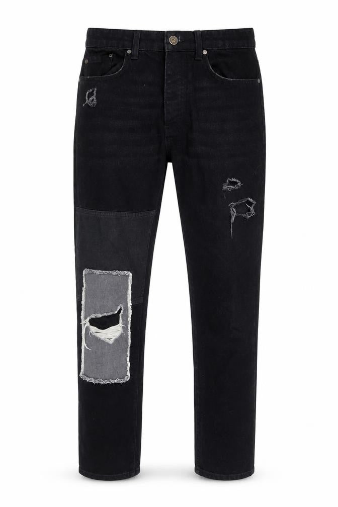 Front view of Boohoo Men's Black Denim Jeans, size 32, Distressed