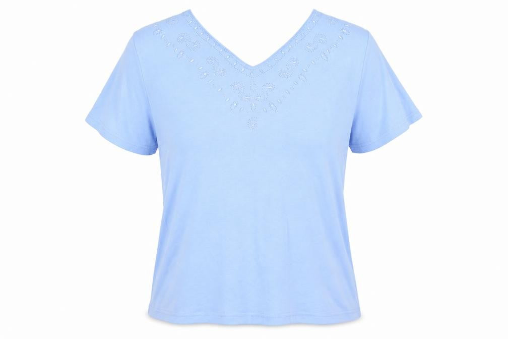 Front view of Honor Millburn Blue Women's Embroidered T-Shirt, size 10