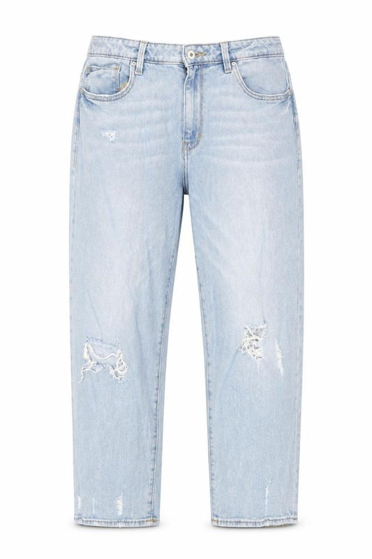 Front view of DKNY Women's Blue Boyfriend Jeans, size 4, Distressed