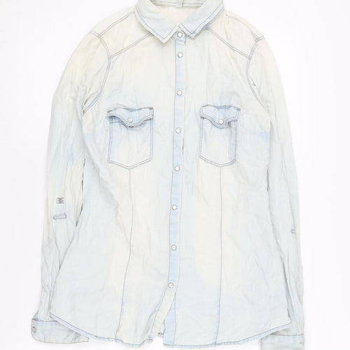Stradivarius Women's Denim Blue Button-Up Shirt S
