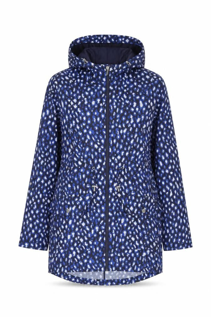 Front view of St. Bernard Blue Animal Print Rain Jacket 12-14