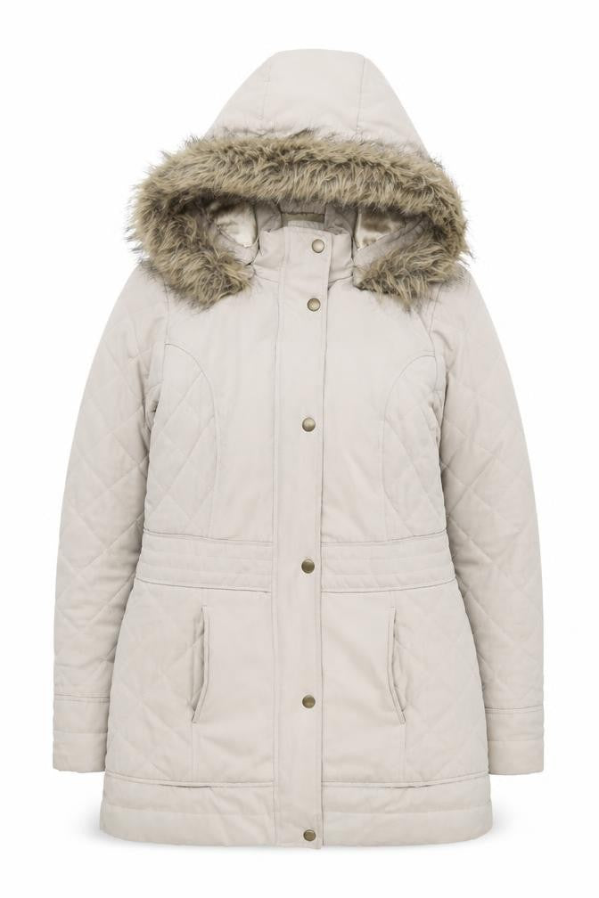 Front view of BHS Women's Beige Hooded Puffer Coat, size 10