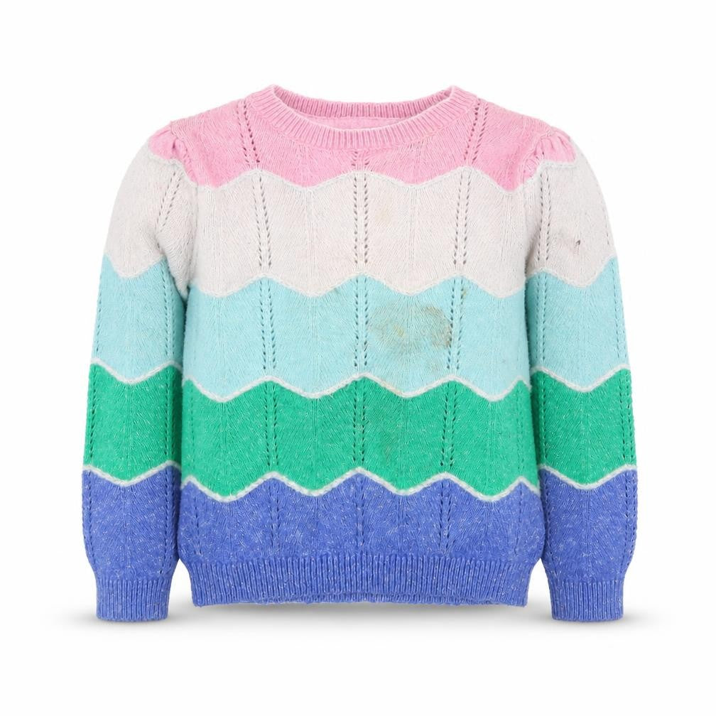Front view of Marks & Spencer girls’ multicoloured chevron jumper, size 5-6, years