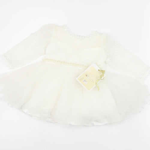Luxe Girls Ivory Dress 3-6 Months with Floral Embroidery