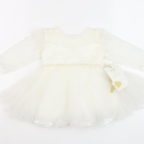 Luxe Girls Ivory Dress 3-6 Months with Floral Embroidery