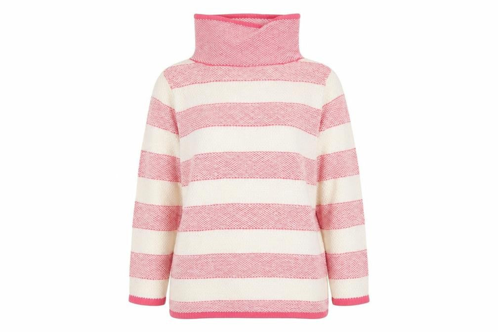 Front view of Laura Ashley Women's Pink Roll Neck Striped Jumper