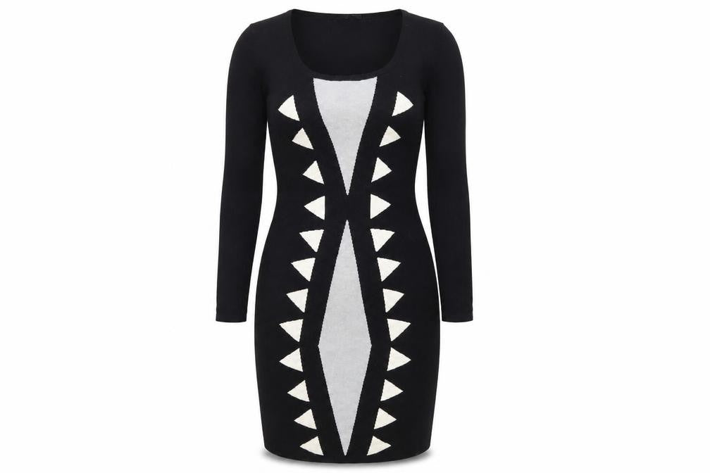 Front view of Quiz Women's Black Geometric Dress, size 12