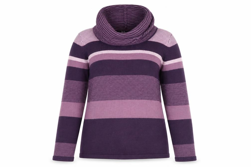 Front view of Isle Women's Purple Striped jumper, size S