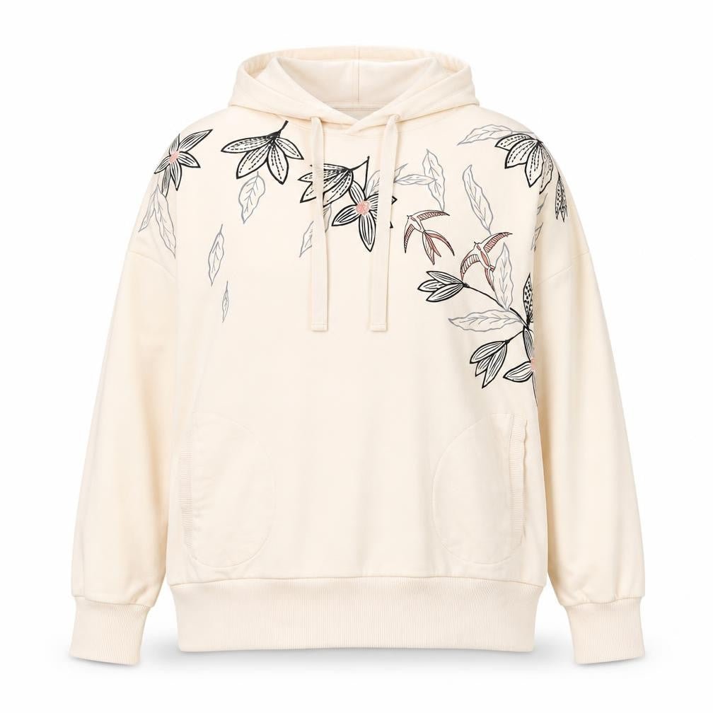 Front view of Night Owl Women's Beige Floral Pullover Hoodie L