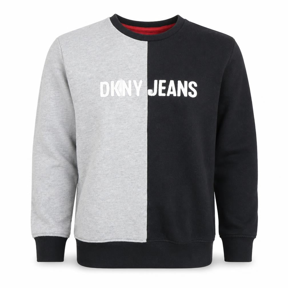 Front view of DKNY boys’ black grey logo pullover sweater, size 12