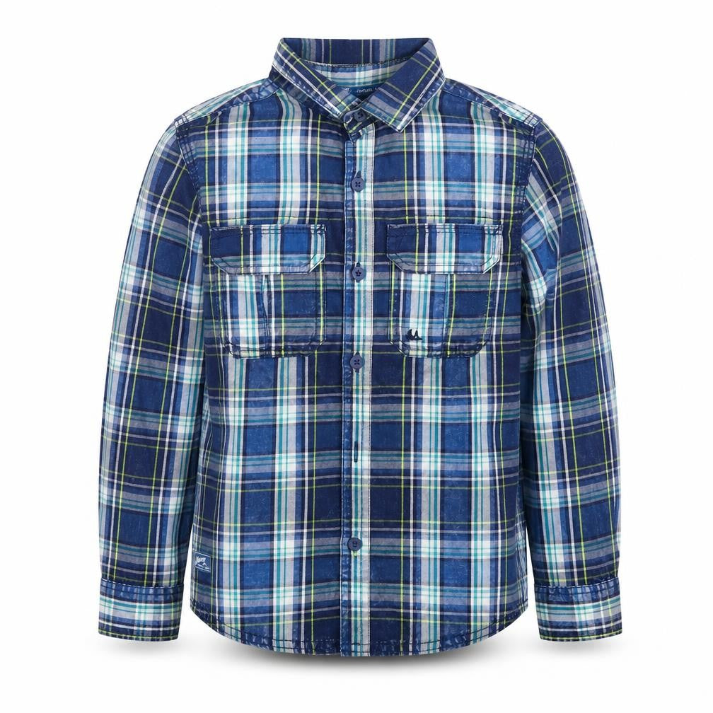 Front view of Mantaray boys’ blue plaid button-up shirt - 7 years