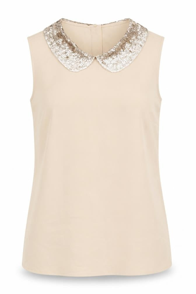 Front view of Laura Ashley Women's Beige Sequin Collar Blouse, size 10