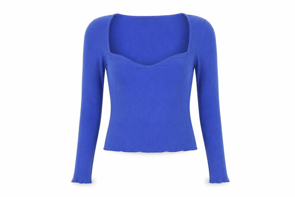 Monki Women's Blue Long Sleeve Knit T-Shirt 2XS
