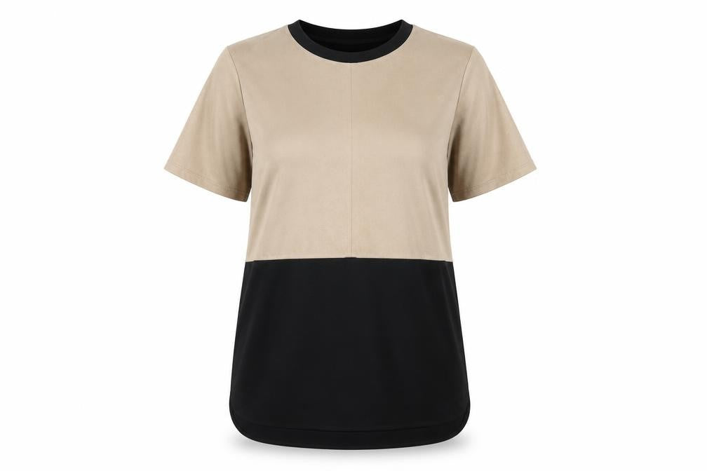 Front view of River Island Women's Beige Black Colourblock Dress, size 12