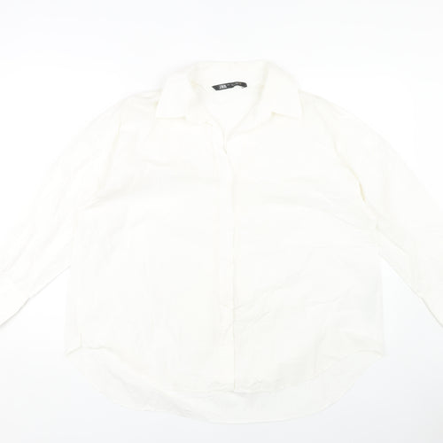 Zara Women's White Button-Up Shirt, Size 12, Collared Neck