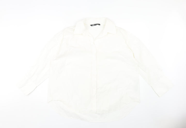 Zara Women's White Button-Up Shirt, Size 12, Collared Neck