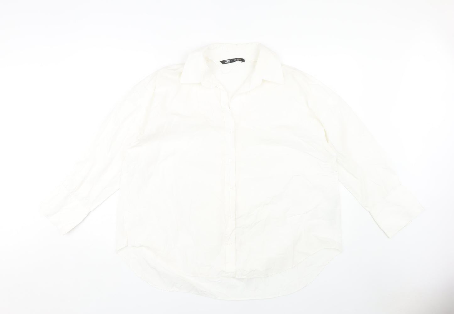 Zara Women's White Button-Up Shirt, Size 12, Collared Neck