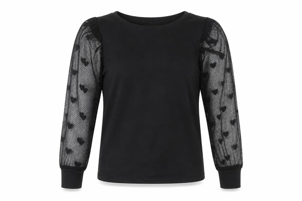 Front view of New Look Women's Black Mesh Sleeve T-Shirt, size 14