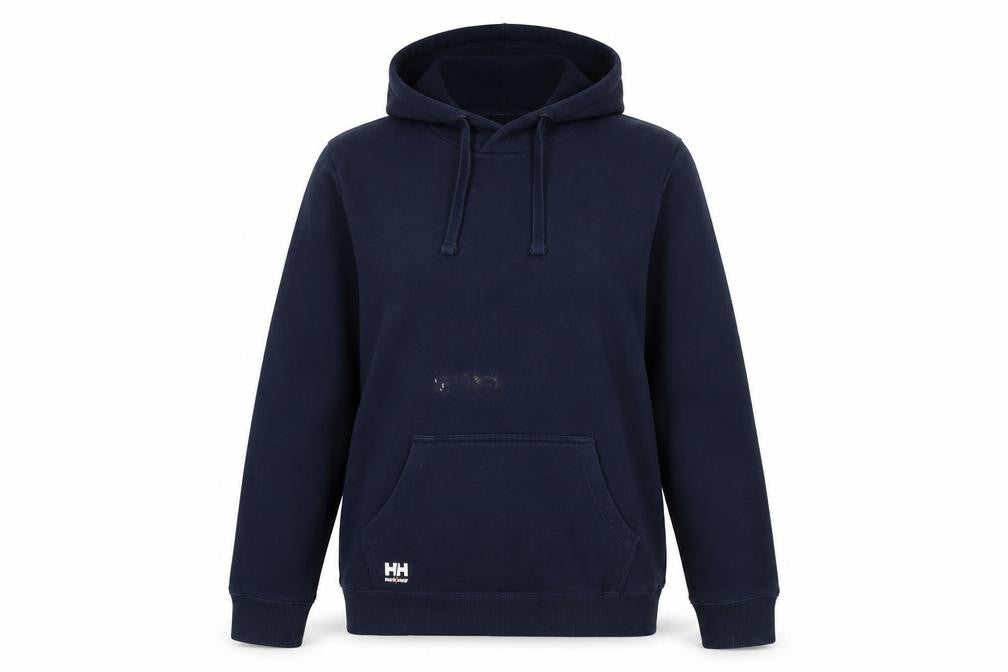 Front view of Helly Hansen unisex navy hoodie, s, cotton pullover