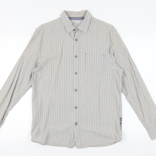 Manuary Men's Beige Striped Button-Up Shirt Small
