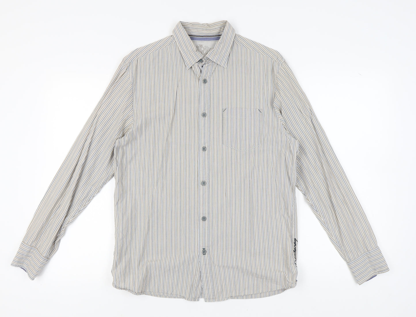 Manuary Men's Beige Striped Button-Up Shirt Small