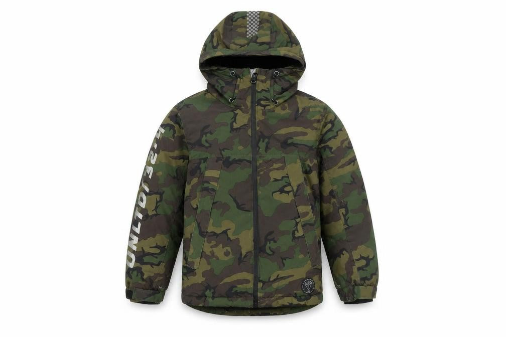 Front view of Next boys’ camouflage puffer jacket green 7 years winter hooded